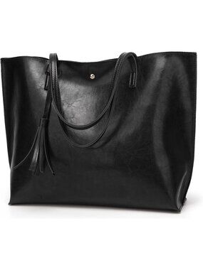 〽️Women's Black Big Capacity Tassel Casual Faux Leather Shoulder Tote Handbag